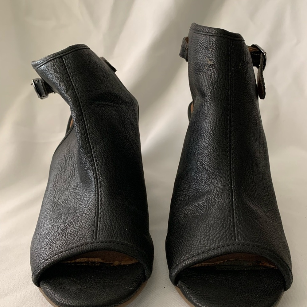 Black Wedge Leather Peep-Toe Ankle Boots